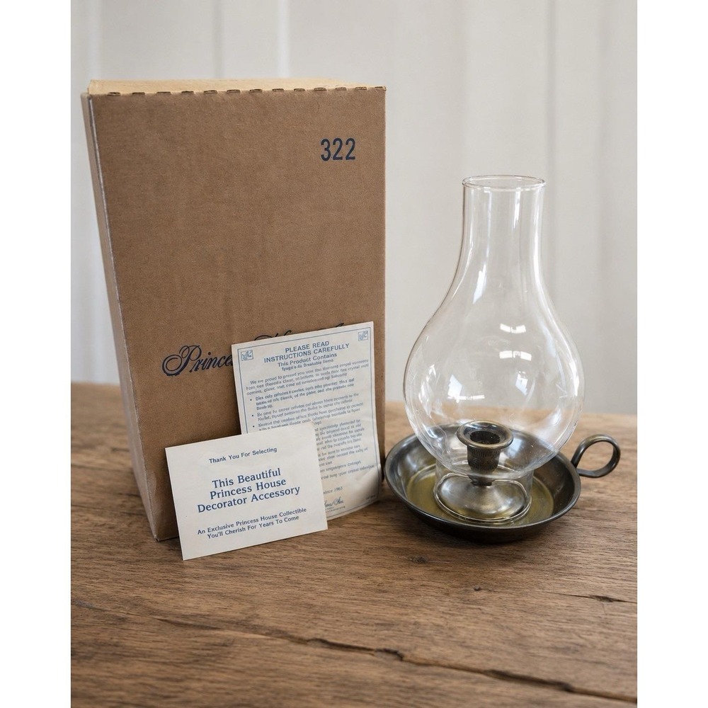 Princess House Hurricane Brass and Heritage Etched Glass 2-piece Lamp #322 w/box